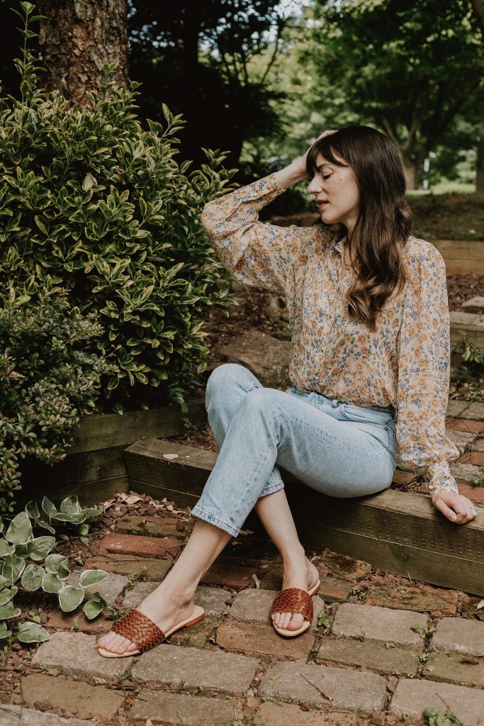 Nisolo Isla Slides with Sezane floral blouse and Everlane denim